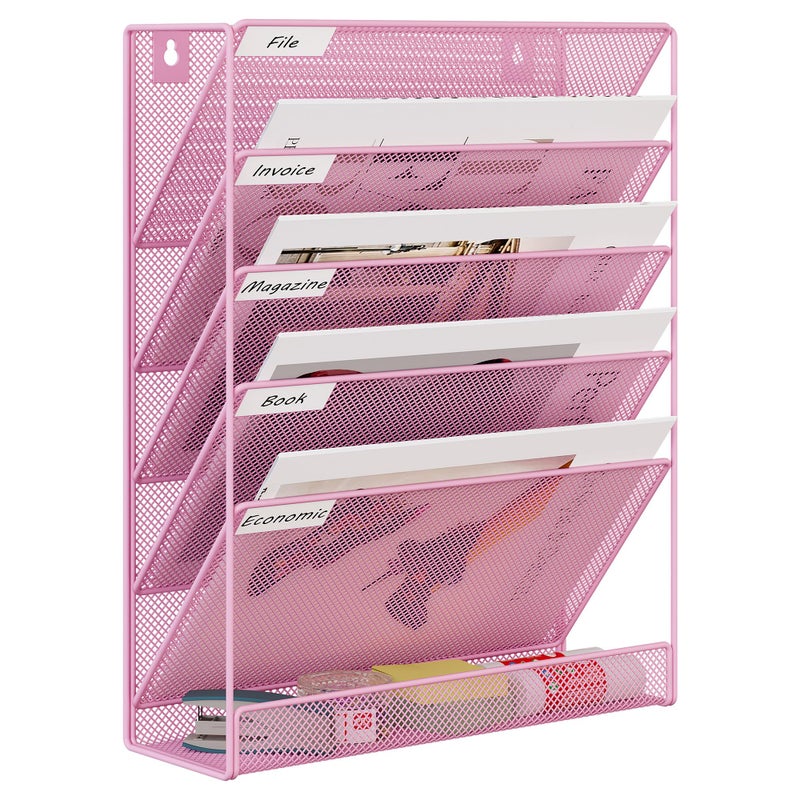 EasyPAG 5 Tier Wall File Holder, Mesh Hanging Folder Organizer with Classify Label, Versatile Desk File Holder, Vertical Wall Mounted Mail Organizer for Office Home Cubicle, Pink - Image 1